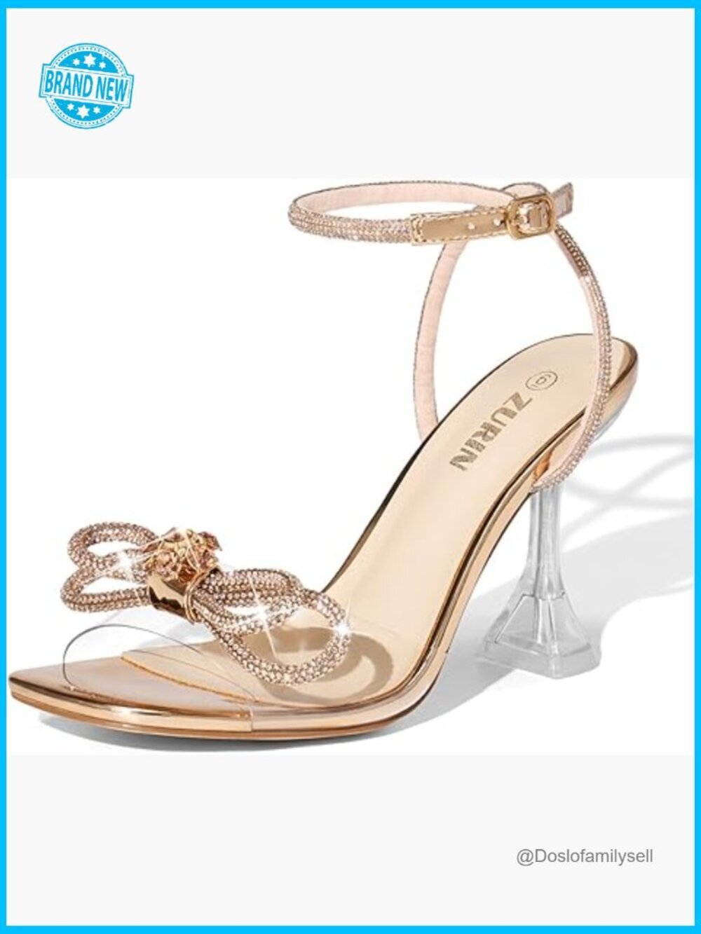 Rhinestone Bow Heels Square Toe Clear Heeled Sandals Slingback High Heels Dress